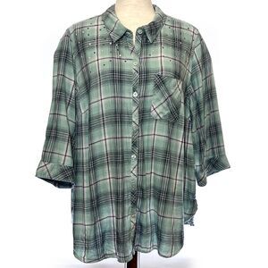 Catherines Plus Green Plaid Studded Flannel Shirt 1X